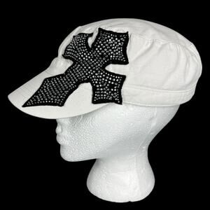 D&R Cross Cadet Cap White Hat Black Bling Cross Y2K Elastafit